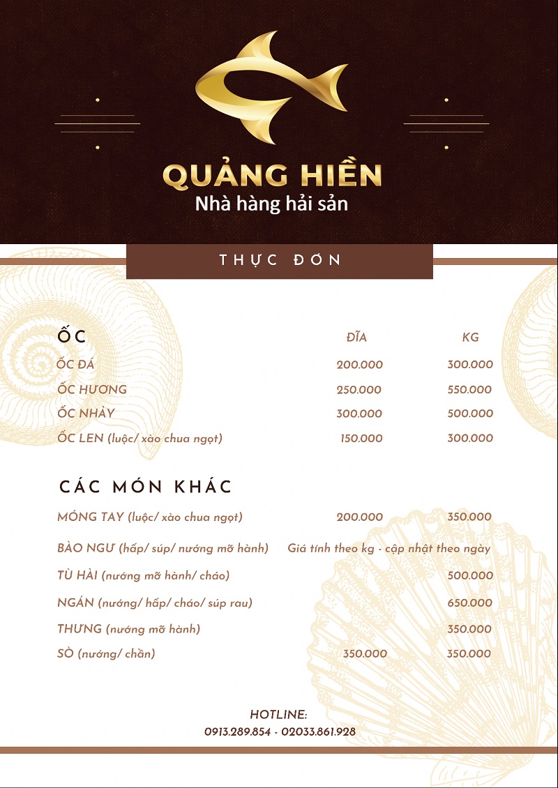 Menu nhà hàng Quảng Hiền.