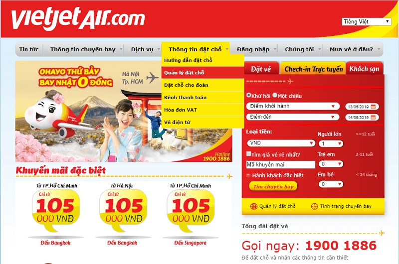 Đổi chuyến bay Vietjet Air qua website