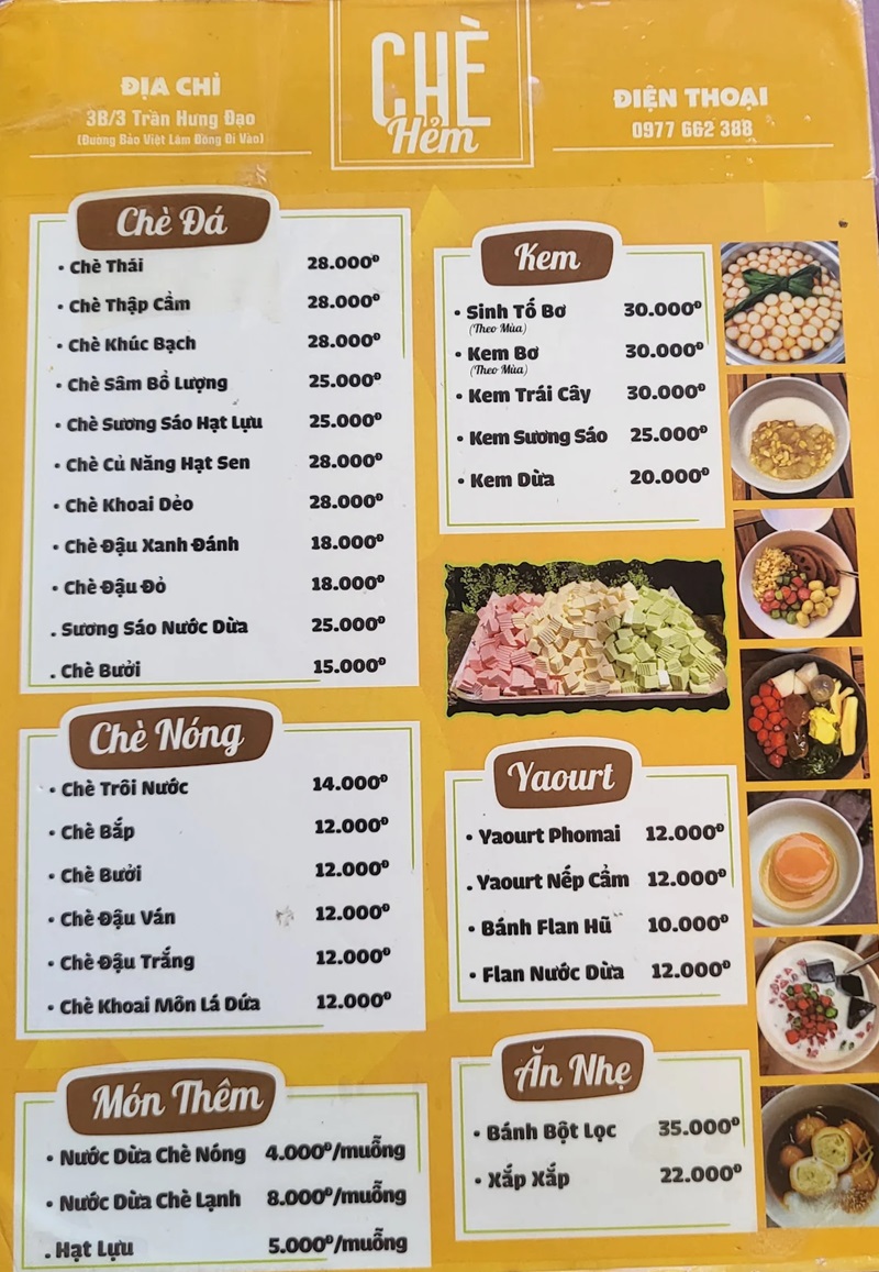 Menu Chè Hẻm Đà Lạt.